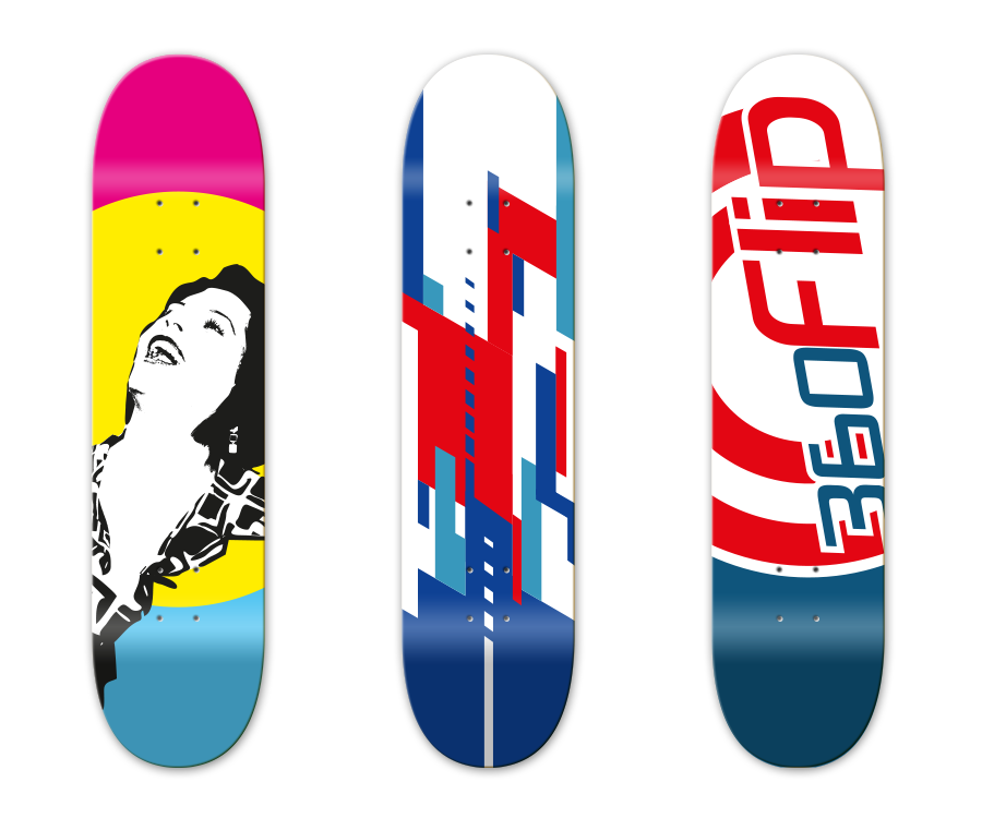 3 verschiedene Designmuster für Skateboards – Pixelflüsterer professionelles Print Design aus Wien.