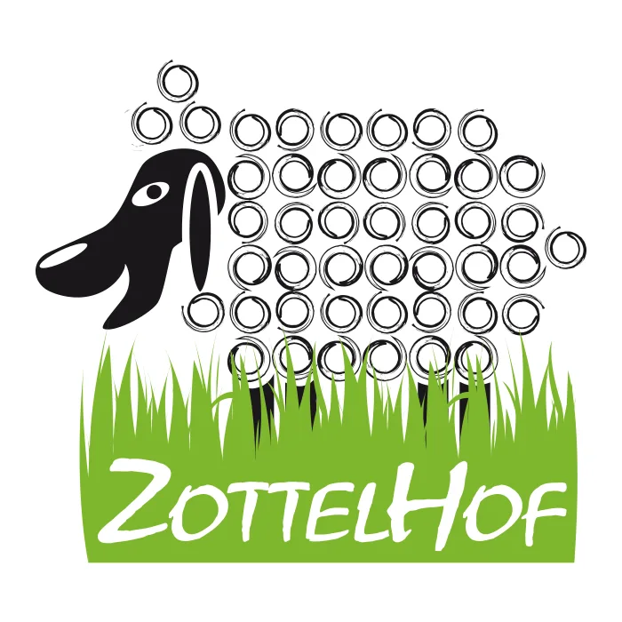Ein Logo von Pixelflüsterer designen lassen, wie der Zottelhof. Ein stilisiertes Schaf aus schwarzen Ringen mit schwarzem Kopf und Beinen steht im grünen Gras. Über dem Gras steht in weißen Kleinbuchstaben „ZottelHof“. Das Bild ist ein einfaches, cartoonartiges Logo. © Pixelflüsterer