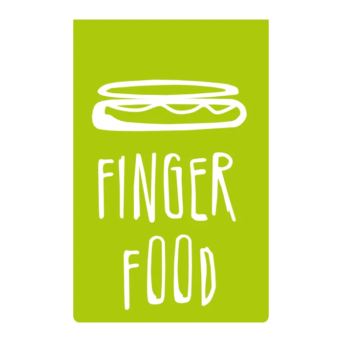 Ein Logo von Pixelflüsterer designen lassen, wie „FINGER FOOD“. Eine grüne rechteckige Grafik mit einer einfachen weißen Strichzeichnung eines Sandwichs oben. Unter der Zeichnung sind die Worte „FINGER FOOD“ in einer verspielten, handgezeichneten Schriftart geschrieben – perfekt für alle, die ein Logodesign mit einem lustigen und appetitanregenden Twist suchen. © Pixelflüsterer