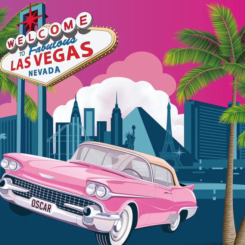 Folierung für das TAGADA im Wiener Prater. Illustration mit einem rosa Oldtimer mit einem Nummernschild mit der Aufschrift „OSCAR“ vor dem ikonischen Schild „Welcome to Fabulous Las Vegas“. Das Druckdesign umfasst berühmte Wahrzeichen von Las Vegas und Palmen vor einem leuchtend rosa Himmel mit flauschigen Wolken. © Pixelflüsterer