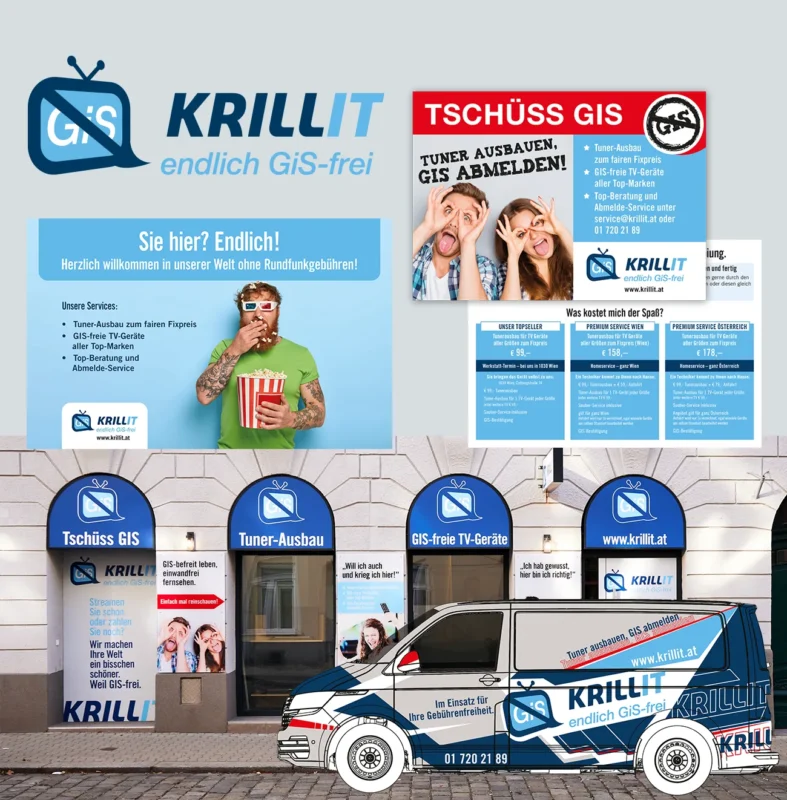 Das Bild zeigt eine Anzeige für KRILLIT, die Dienste für GIS-freies TV anbieten. Es enthält verschiedene Markenmaterialien, darunter Werbeplakate und einen mit dem Logo versehenen Lieferwagen vor dem Geschäft. Das Gesamtthema dreht sich um einfachen Zugang und den Abschied von GIS-Gebühren. © Pixelflüsterer