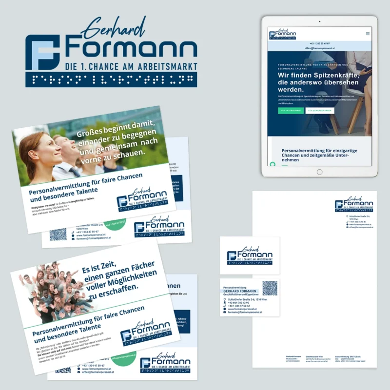 Eine Collage aus Marketingmaterialien für die Arbeitsvermittlung „Gerhard Formann“ zeigt effektives Branding. Dazu gehören Visitenkarten, Werbeflyer, ein Tablet-Bildschirm mit der Website und ein Briefkopf. Die Slogans betonen Fairness, Chancen und qualifiziertes Personal für den Arbeitsmarkt. © Pixelflüsterer