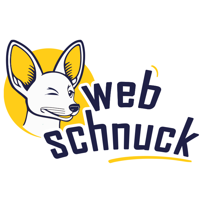 Logo mit einer einfachen Illustration eines zwinkernden, lächelnden Hundes mit großen Ohren vor einem gelben Kreis. Der Text „Web Schnuck“ wird in einer verspielten, fetten Schriftart rechts neben dem Hund angezeigt, mit „Web“ oben und „Schnuck“ darunter. © Pixelflüsterer